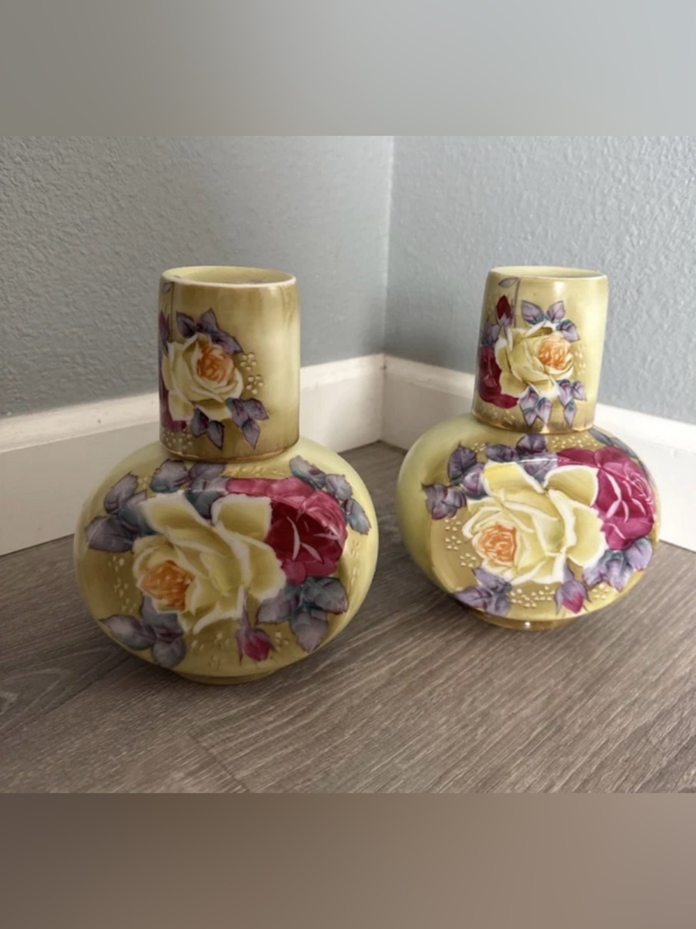 Vintage Hand Painted Nippon Vase Yellow Rose Gold Accent 7 Inch Set Of 2